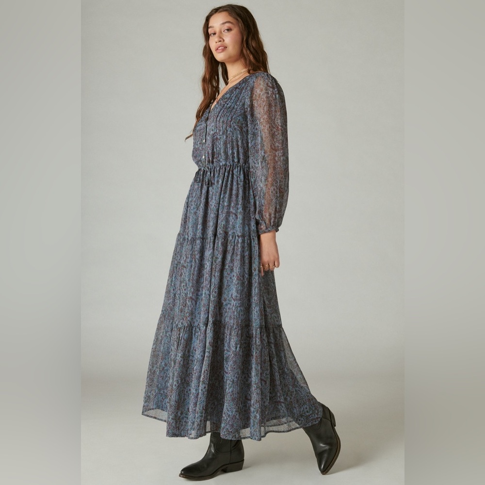 NWT Lucky Brand Printed Shine Chiffon Maxi Dress